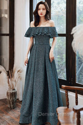 Green A Line Off Shoulder Long Prom Dresses, Green Bridesmaid Dresses