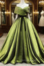 Green A Line Satin Long Prom Dress, Green Satin Prom Dresses