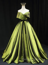 Green A line Satin Long Prom Dresses, Green Satin Formal Evening Dresses