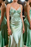 Green A Line Satin Long Prom Dresses with Pleated
