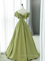 Green A-Line Satin Long Prom Dresses, Green Formal Evening Dresses