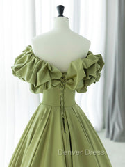 Green A-Line Satin Long Prom Dresses, Green Formal Evening Dresses