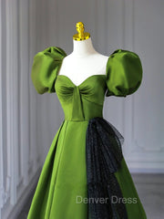 Green A-Line Satin Sweetheart Short Sleeves Party Dresses, Green Long Prom Dresses