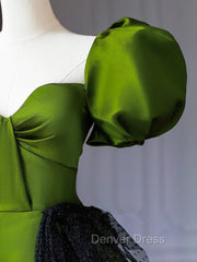 Green A-Line Satin Sweetheart Short Sleeves Party Dresses, Green Long Prom Dresses