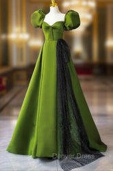 Green A-Line Satin Sweetheart Short Sleeves Party Dresses, Green Long Prom Dresses