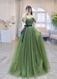 Green A Line Shiny Tulle Off Shoulder Prom Dress, Green Tulle Prom Dresses