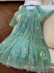 Green A-Line Sweetheart Green Tulle Lace Long Prom Dresses, Green Formal Dresses