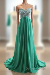 Green A-Line Sweetheart Neck Chiffon Long Prom Dresses, Evening Dresses