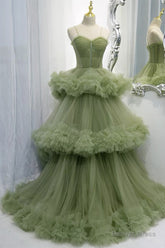 Green A-line Sweetheat Pleated Tulle Prom Dress