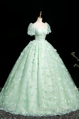 Green A-Line Tulle Beaded Sequin Long Prom Dresses, Beautiful 3D Butterfly Evening Dresses