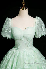 Green A-Line Tulle Beaded Sequin Long Prom Dresses, Beautiful 3D Butterfly Evening Dresses
