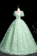 Green A-Line Tulle Beaded Sequin Long Prom Dresses, Beautiful 3D Butterfly Evening Dresses
