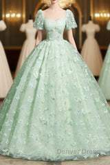 Green A-Line Tulle Beaded Sequin Long Prom Dresses, Beautiful 3D Butterfly Evening Dresses