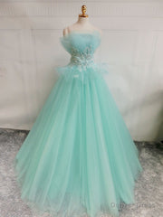 Green A-Line Tulle Lace Long Prom Dress, Green Sweet 16 Dress