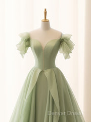 Green A Line Tulle Long Prom Dresses V Neck Long Formal Dresses