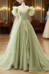 Green A Line Tulle Long Prom Dresses V Neck Long Formal Dresses