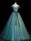 Green A line Tulle Sequin Long Prom Dresses, Green Tulle Graduation Dresses