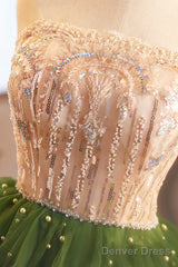 Green A-Line Tulle Sequins Knee Length Party Dress, Lovely Strapless Prom Evening Dress