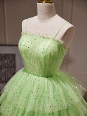 Green A-Line Tulle Short Prom Dresses, Green Homecoming Dresses