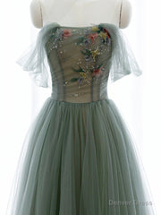 Green A-line Tulle with Lace Applique Long Formal Dress, Green Prom Dress