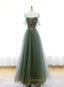 Green A-line Tulle with Lace Applique Long Formal Dresses, Green Prom Dresses