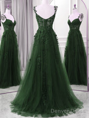 Green A-Line Tulle With Lace Straps Floor Length Party Dress, Green Tulle Prom Dress