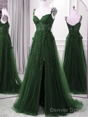Green A-Line Tulle With Lace Straps Floor Length Party Dress, Green Tulle Prom Dress