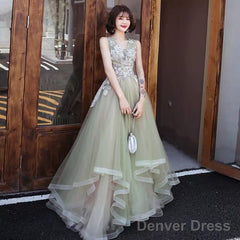 Green And Pink Tulle Long V-Neckline Long Evening Dress Party Dress, Sweet 16 Formal Dreses