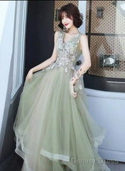 Green And Pink Tulle Long V-Neckline Long Evening Dress Party Dress, Sweet 16 Formal Dreses