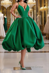 Green Ball Gown Satin Short Prom Dresses, Green Satin Evening Dresses