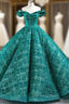 Green Ball Gown Sequins Off the Shoulder Floor Length Prom Dresses