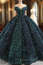 Green Ball Gown Sequins Off the Shoulder Luxury Prom Dresses