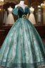 Green Ball Gowns Tulle Beaded Off Shoulder Sweet 16 Dresses, Green Prom Gowns