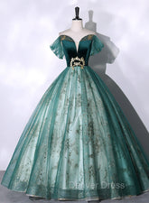 Green Ball Gown Tulle Beaded Off Shoulder Sweet 16 Dresses, Green Evening Gown
