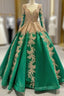Green Ball Gown Tulle Gold Sequins Appliques V-neck Prom Dresses