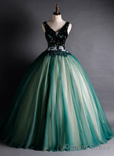 Green Ball Gown V-Neckline Sequins Long Formal Dress, Green Sequins Prom Dress