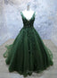 Green Beaded and Lace V Neckline Low Back Long Prom Dress, Green Prom Dress