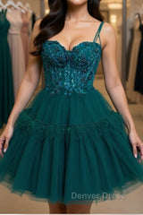 Green Beaded Lace Short Prom Dresses with Straps, Short Green Lace Formal Graduation Homecoming Dresses with Beading