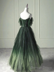 Green Beaded Straps Tulle Layers Long Prom Dress Green Formal Dress