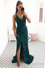 Green Fitted V Neck Prom Dresses For Girl Sequin Backless Prom Gowns Side Slit