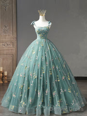 Green Floral Tulle Long Prom Dress Cute Off Shoulder Evening Party Dress Beautiful
