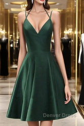Green Halter Short Satin Long Party Dresses, Green Homecoming Dresses , Short Party Dresses