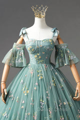 Green Lace Long A-Line Formal Dresses, Spaghetti Strap Evening Gown