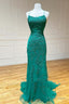 Green Lace Mermaid Backless Spaghetti Straps Prom Dress, Prom Gowns,maxi Dresses