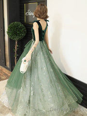 Green Lace Tulle V-Neckline A-Line Prom Dress, Green Floor Length Party Dress