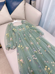 Green Long Sleeves Floral Tulle A-Line Prom Dress, Green Evening Dress