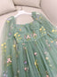 Green Long Sleeves Floral Tulle A-Line Prom Dress, Green Evening Dress