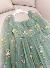 Green Long Sleeves Floral Tulle A-Line Prom Dress, Green Evening Dress