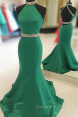 Green Mermaid Halter Prom Dresses Satin Open Back