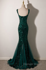 Green Mermaid Long Straps Sequins Long Prom Dresses, Green Mermaid Evening Dresses